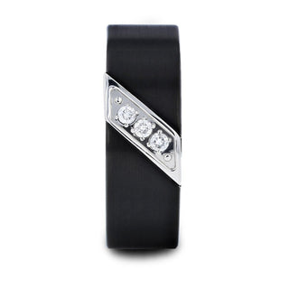 LIAM Flat Black Satin Finished Tungsten Carbide Wedding Band with Diagonal Diamonds Set in Stainless Steel - 8 mm