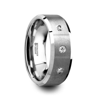 SAMUEL Satin Finish Tungsten Carbide Wedding Ring with 3 White Diamond Setting and Beveled Edges- 8mm