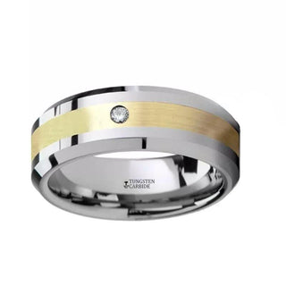 FABIAN 14K Gold Inlaid Beveled Tungsten Ring with Diamond - 8mm