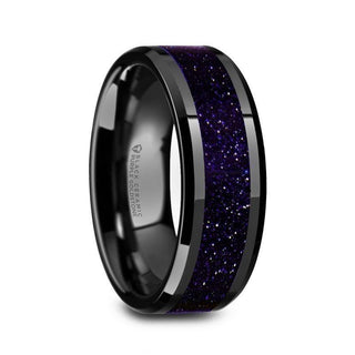 MELO Black Ceramic Beveled Polished Men’s Wedding Band with Purple Goldstone Inlay - 8mm