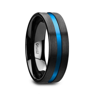 WESTLEY Flat Brushed Finish Black Ceramic Men’s Wedding Ring with Blue Grooved Center - 8mm