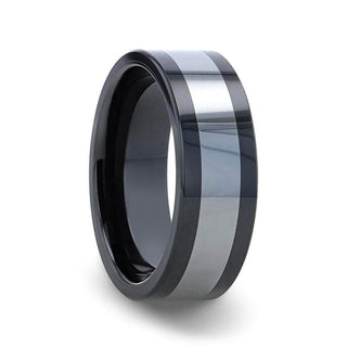 HUSKEY Ceramic ring with Tungsten Inlay Wedding Band With Flat Polished Edges - 8mm