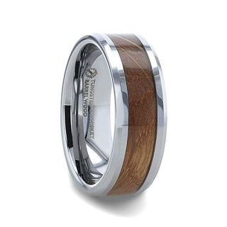 DISTILLED Whiskey Barrel Inlaid Tungsten Men's Wedding Band With Beveled Polished Edges Made From Genuine Whiskey Barrels - 8mm