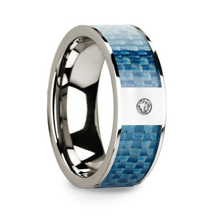 Flat 14k White Gold with Blue Carbon Fiber Inlay & White Diamond Setting - 8mm