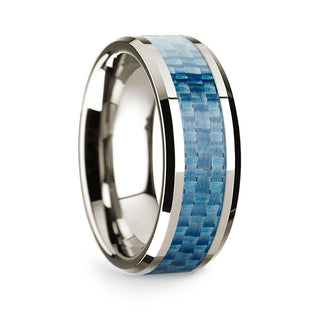 14k White Gold Polished Beveled Edges Wedding Ring with Blue Carbon Fiber Inlay - 8 mm