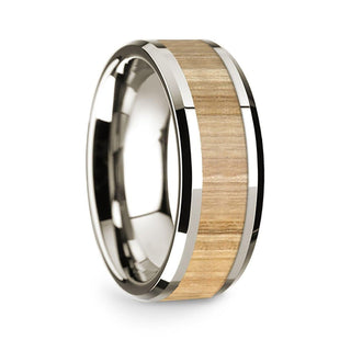 14k White Gold Polished Beveled Edges Wedding Ring with Ash Wood Inlay - 8 mm