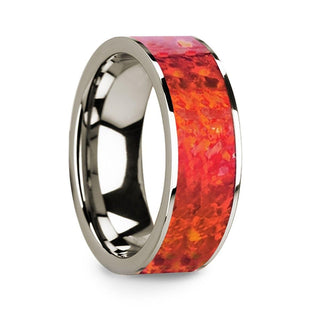 Polished 14k White Gold Men’s Flat Wedding Ring with Red Opal Inlay - 8mm