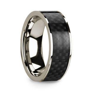 Polished 14k White Gold Men’s Wedding Band with Black Carbon Fiber Inlay - 8mm
