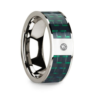 Diamond Accented 14k White Gold Men’s Wedding Ring with Black & Green Carbon Fiber Inlay - 8mm