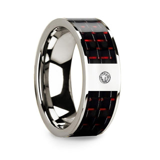 Men’s 14k White Gold Flat Wedding Ring with Red & Black Carbon Fiber Inlay & Diamond - 8mm