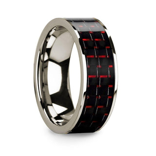 Men’s 14k White Gold Flat Wedding Band with Black & Red Carbon Fiber - 8mm