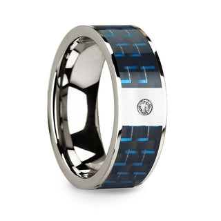 Polished 14k White Gold Diamond Wedding Ring with Blue & Black Carbon Fiber Inlay - 8mm