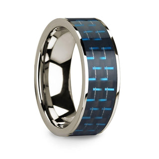 Polished 14k White Gold & Black/Blue Carbon Fiber Inlaid Flat Wedding Ring - 8mm