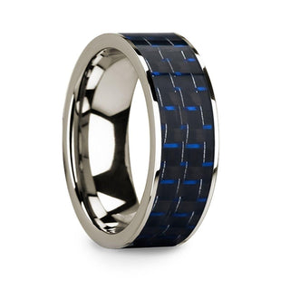 Blue & Black Carbon Fiber Inlaid Polished 14k White Gold Men’s Flat Wedding Ring - 8mm