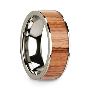 Polished Flat 14k White Gold Men’s Wedding Ring with Red Oak Wood Inlay - 8mm