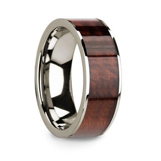 Polished 14k White Gold Men’s Wedding Band with Redwood Inlay - 8mm