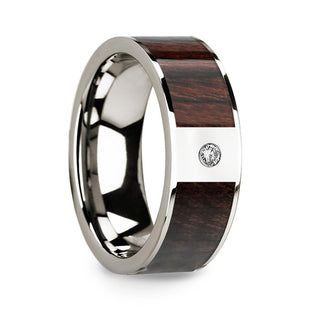 Polished 14k White Gold Men’s Wedding Band with Bubinga Wood Inlay & Diamond - 8mm