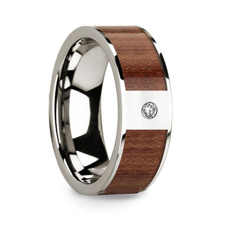 Polished 14k White Gold Men’s Wedding Ring with Rosewood Inlay & Diamond Center - 8mm