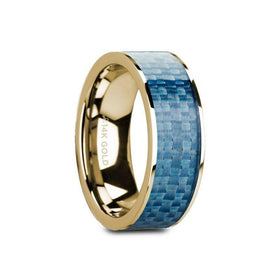 GERYON Flat 14K Yellow Gold with Blue Carbon Fiber Inlay and Polished Edges - 8mm