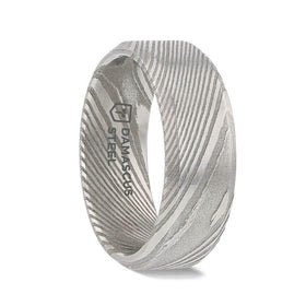 GHOST Grey Damascus Steel Brushed Beveled Men’s Wedding Band with Repeating Artisan Pattern - 6mm & 8mm