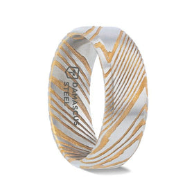 JOFFREY Gold Color Damascus Steel Brushed Beveled Men’s Wedding Band with Repeating Artisan Pattern - 6mm & 8mm