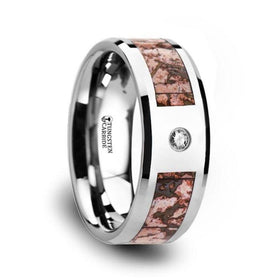 Pink Dinosaur Bone Inlaid Tungsten Carbide Diamond Wedding Band with Beveled Edges - 8mm