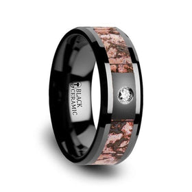 Pink Dinosaur Bone Inlaid Black Ceramic Diamond Wedding Band with Beveled Edges - 8mm