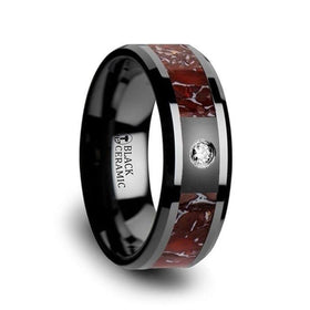 Red Dinosaur Bone Inlaid Black Ceramic Diamond Wedding Band with Beveled Edges - 8mm