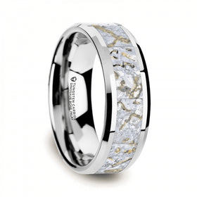 MESOZOIC Men’s Tungsten Flat Beveled Wedding Ring with White Dinosaur Bone Inlay - 4mm or 8mm