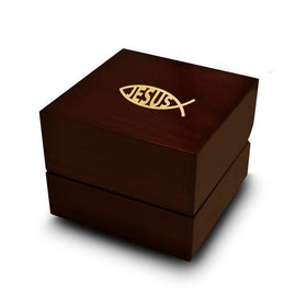 Christianity Jesus Script Fish Symbol Engraved Wood Ring Box Chocolate Dark Wood Personalized Wooden Wedding Ring Box