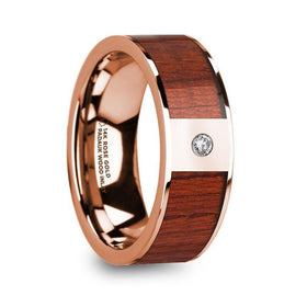 NIKANDROS Men’s 14k Rose Gold Polished Wedding Ring with Padauk Wood Inlay & Diamond - 8mm