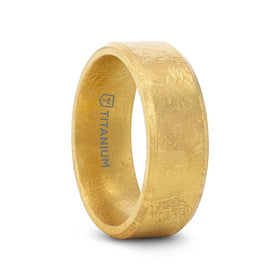 MUSE Flat Gold Plated Titanium Ring with Beveled Edges and Meteorite Pattern - 8mm