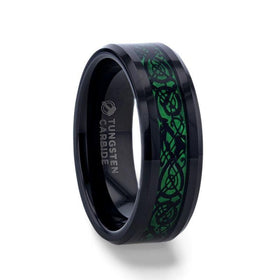 ALLURE Black Dragon Design With Green Background Inlaid Black Tungsten Men's Ring With Clear Coating And Beveled Edge - 8mm