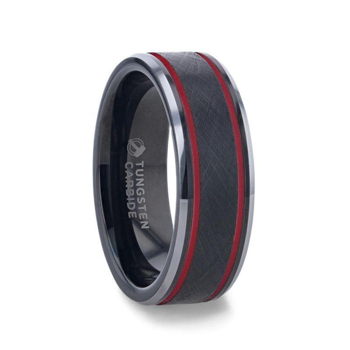 OLIS Wire Finish Centered Black Tungsten Men's Wedding Band With Double ...