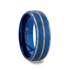 CARMEL Blue Ion Plated Tungsten Carbide Men's Ring With Faceted Center And Stepped Edges - 8mm