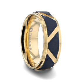 FLEMING Yellow Gold Polished Step Edged Titanium Men's Wedding Band With Matte Black Raised Horizontal Etches and Diagonal-Shape Cut Inlay - 8mm