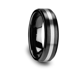 PHOENIX Brushed Black Ceramic Ring with Beveled Edges and Tungsten Inlay - 6mm or 8mm