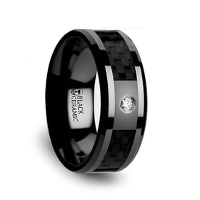 ANGUS Black Ceramic Wedding Band with Black Carbon Fiber Inlay and White Diamond- 8mm