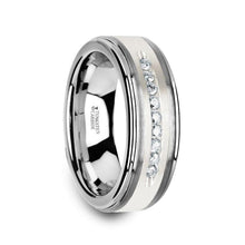 HARPER Tungsten Wedding Band with Raised Center & Brushed Silver Inlay and 9 Channel Set White Diamonds - 8mm