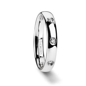 ISABELLA Domed White Tungsten Wedding Band with 3 Diamonds - 4 mm