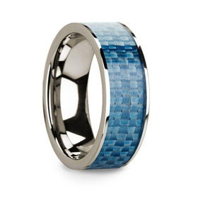 Flat 14k White Gold with Blue Carbon Fiber Inlay and Polished Edges - 8mm