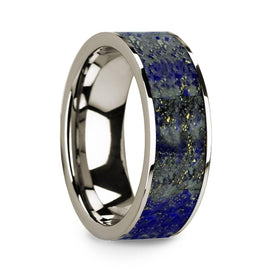 Flat 14k White Gold with Blue Lapis Lazuli Inlay and Polished Edges - 8mm