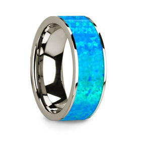 Flat 14k White Gold with Blue Opal Inlay and Polished Edges - 8mm